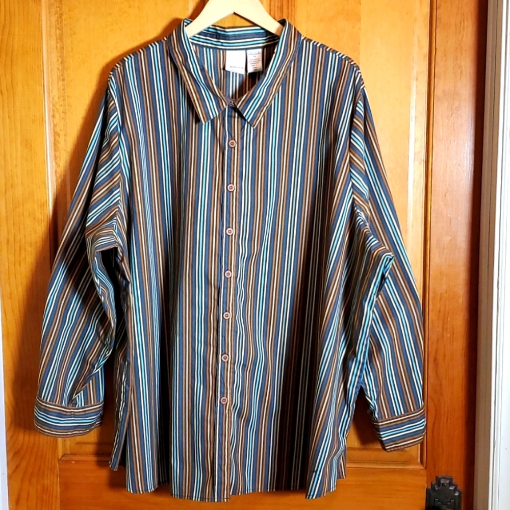 ROAMAN'S 4X BIG & TALL BROWN STRIPPED LONG SLEEVE BUTTON UP